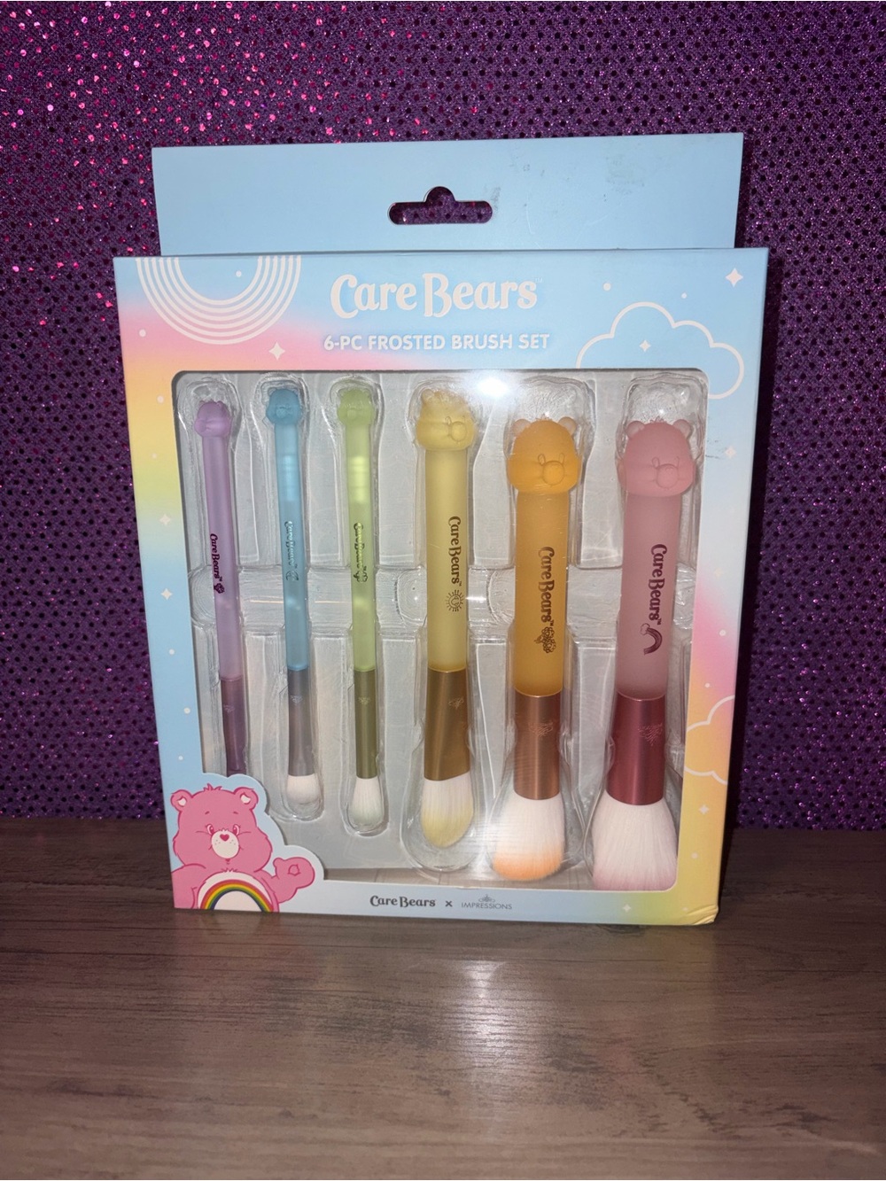 🆕💜 Care Bears Pastel Rainbow 6 Pc Makeup Brush Set Bear Handle Brushes NIB